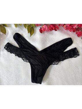 VICTORIA'S SECRET XS BLACK SILKY LACE STRAPPY VERY SEXXY TANGA THONG PANTIES NWT